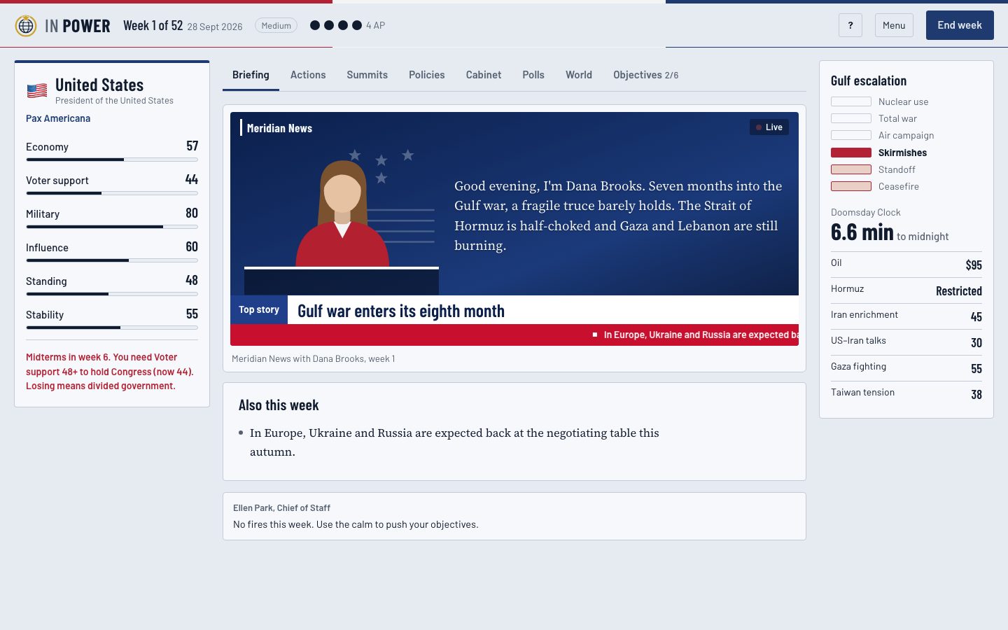 In Power: the weekly briefing as President of the United States, with the evening news bulletin and the Gulf escalation tracker